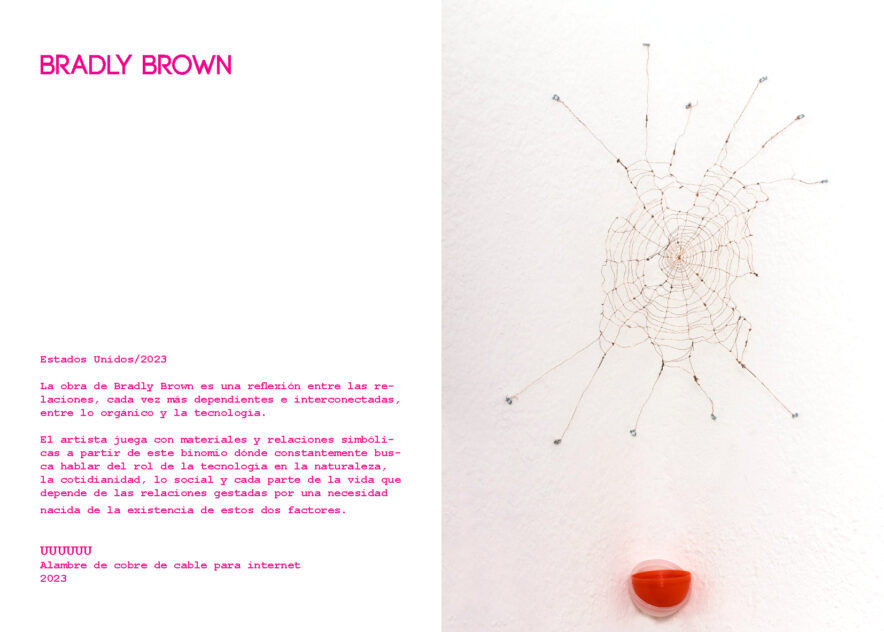 UUUUUU (The Last Laugh) by Bradly Brown — catalog page showing a copper-wire spiderweb holding a red clown nose on a white wall, beside the artist statement in Spanish