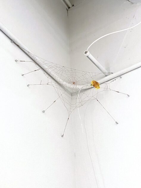 UUUUUU (The Last Laugh) by Bradly Brown — copper-wire spiderweb holding a yellow squirting gag flower, spanning a gallery corner beneath a ceiling pipe