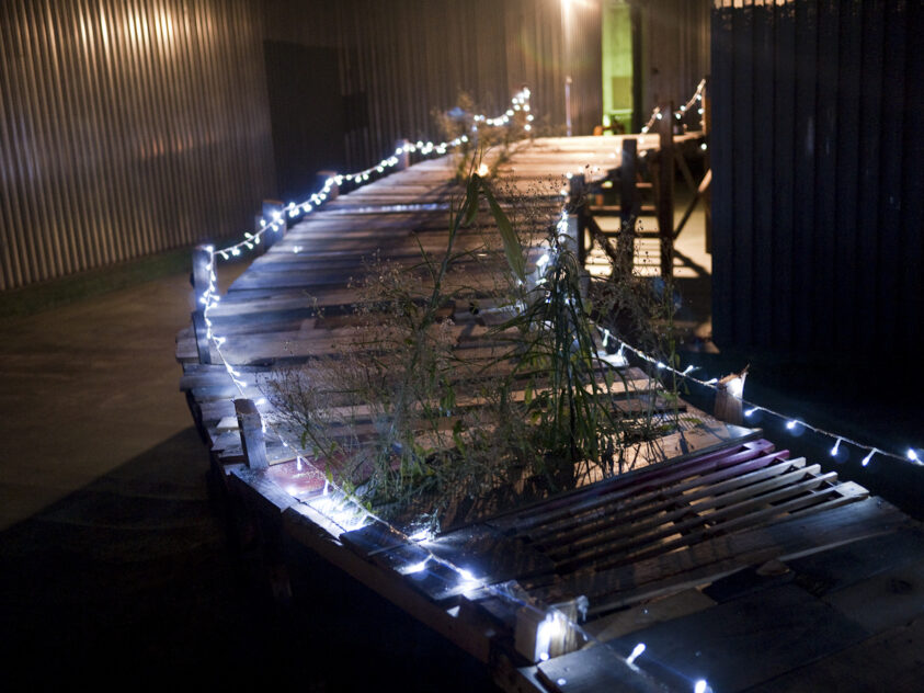 Damemoto (Nothing to Lose), 2012 — artwork by artist Bradly Brown. Wooden pier curving through the dark, outlined in string lights, with weeds growing from it