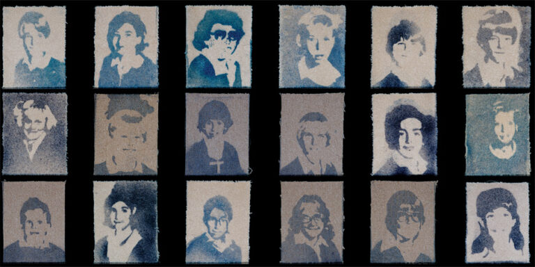 15,540 Miles, 2002 — artwork by artist Bradly Brown. Grid of blue cyanotype portraits of elementary school classmates printed on carpet