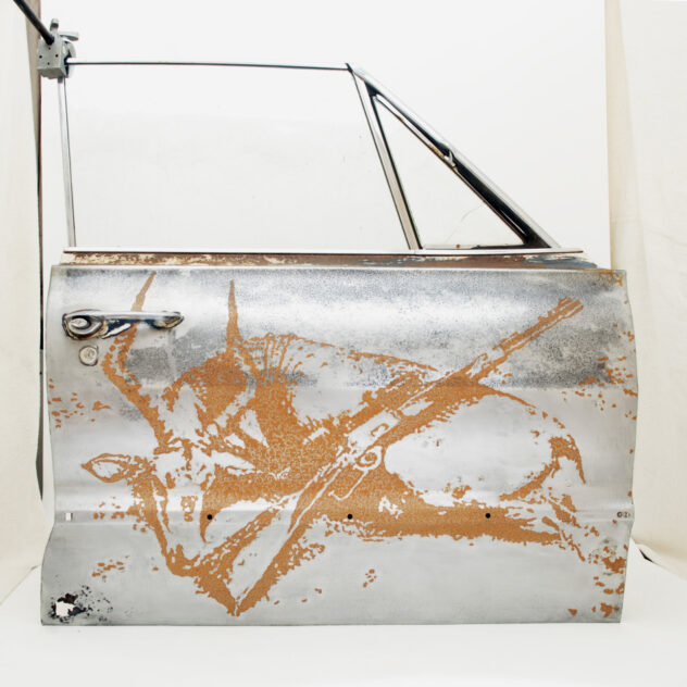 Rust image of a dead impala on a bare-metal Chevy Impala car door. As Impala Murder by Bradly Brown