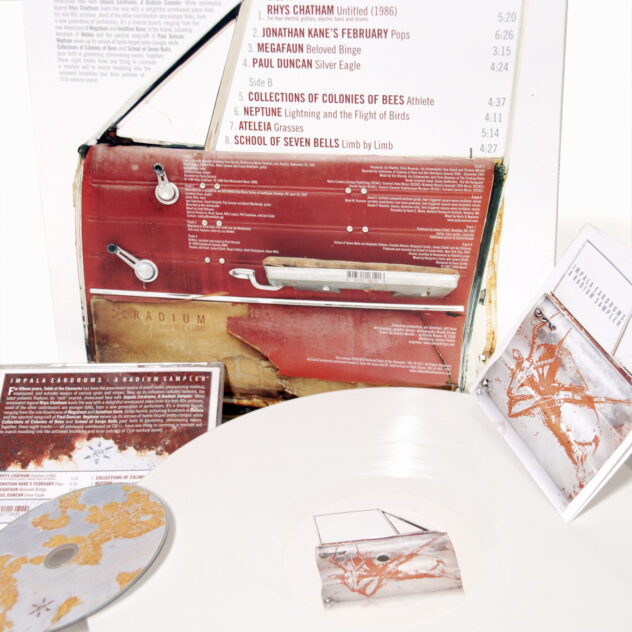 Impala Eardrums: A Radium Sampler CD and white vinyl LP packaging, with the rusted car door artwork, designed by Bradly Brown